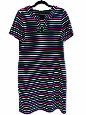 Talbots 100% Cotton Striped Bow Neck Shift Dress L Colorful Nautical Preppy